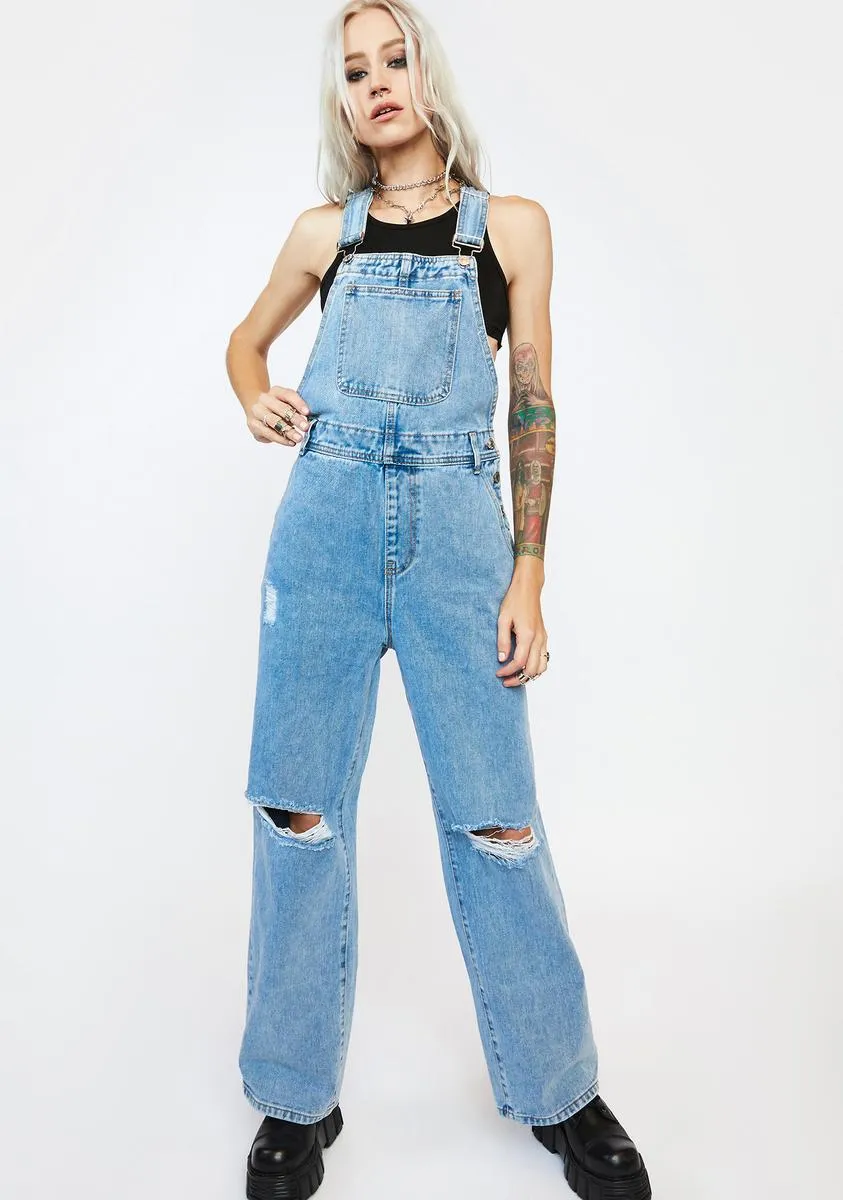 Long Leg Baggy Overalls With Knee Rips