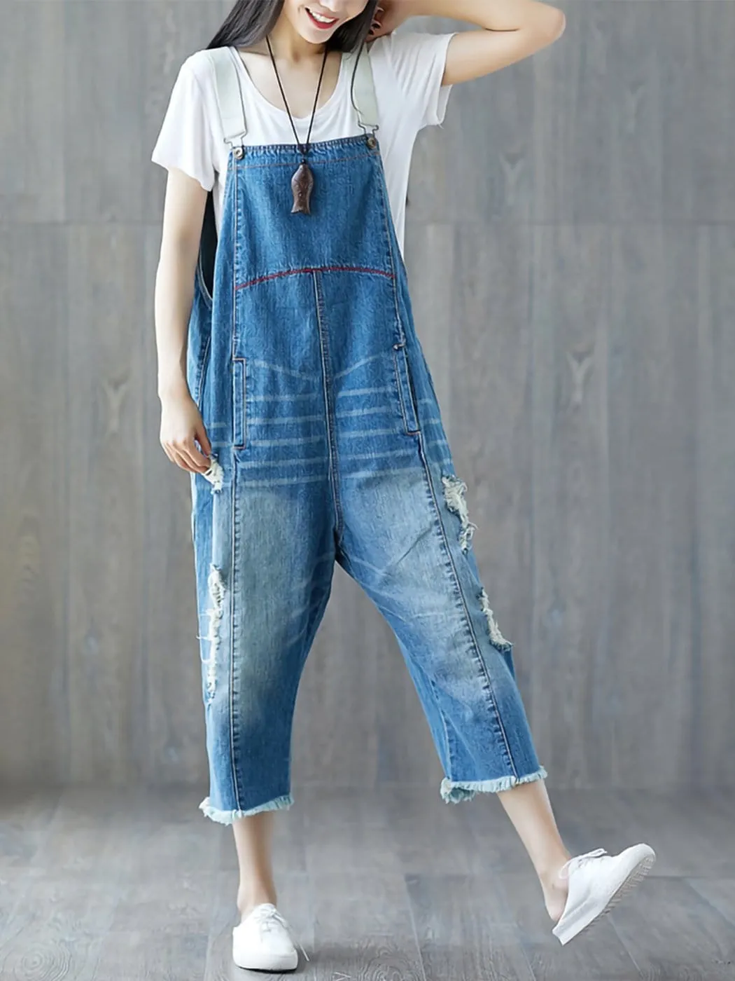 Loose Baggy Denim Wide Leg Print Distressed Jumpsuit Rompers Overalls