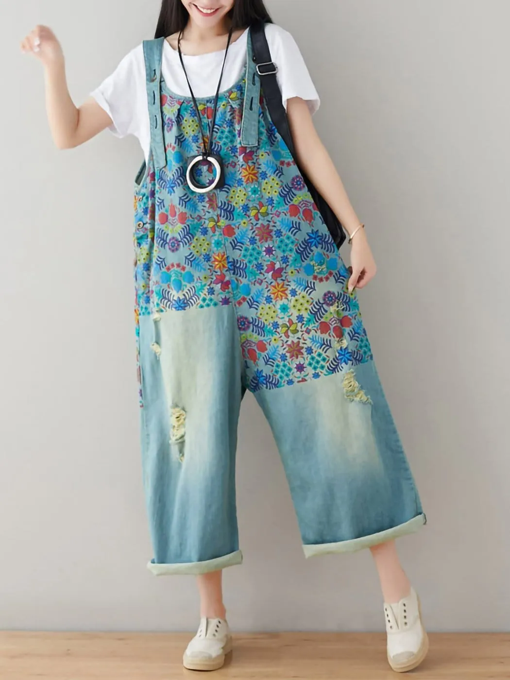 Loose Baggy Denim Wide Leg Print Distressed Jumpsuit Rompers Overalls