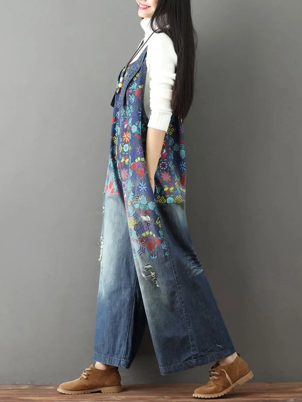 Loose Baggy Denim Wide Leg Print Distressed Jumpsuit Rompers Overalls