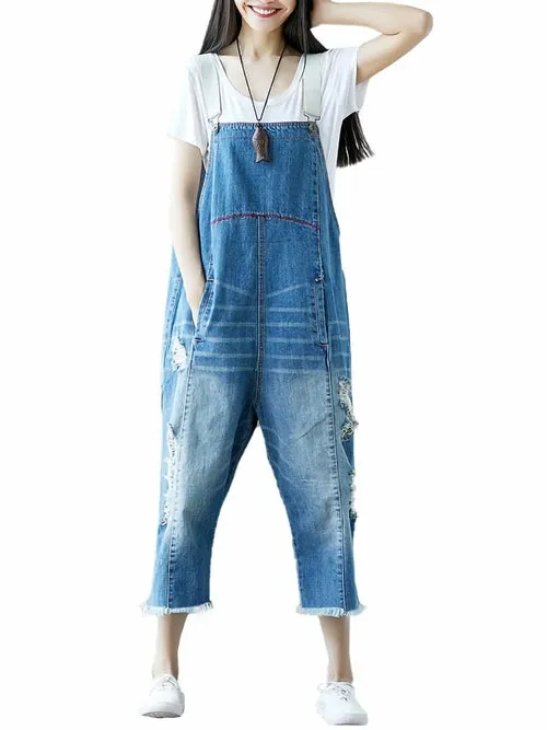 Loose Baggy Denim Wide Leg Print Distressed Jumpsuit Rompers Overalls