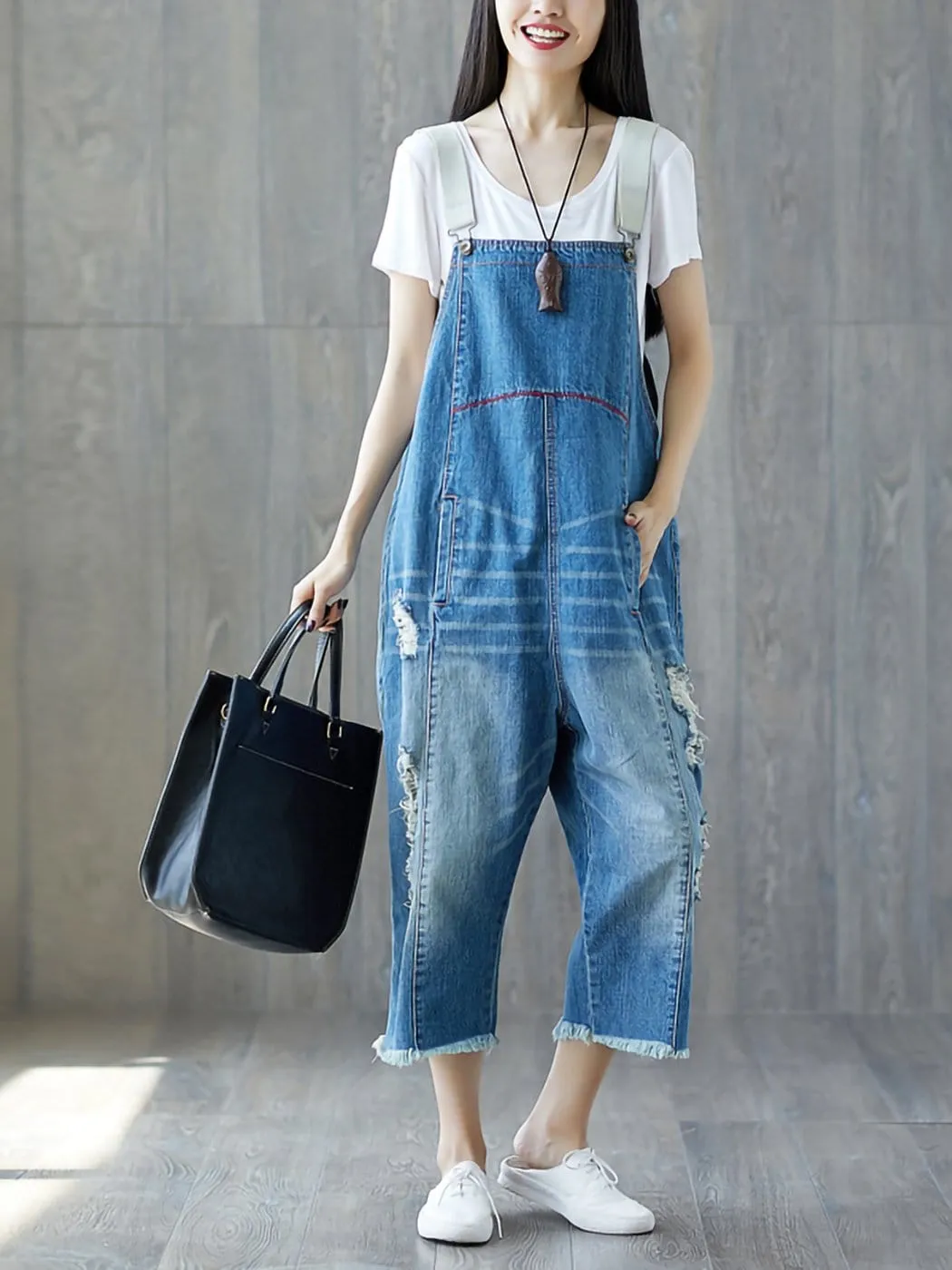 Loose Baggy Denim Wide Leg Print Distressed Jumpsuit Rompers Overalls