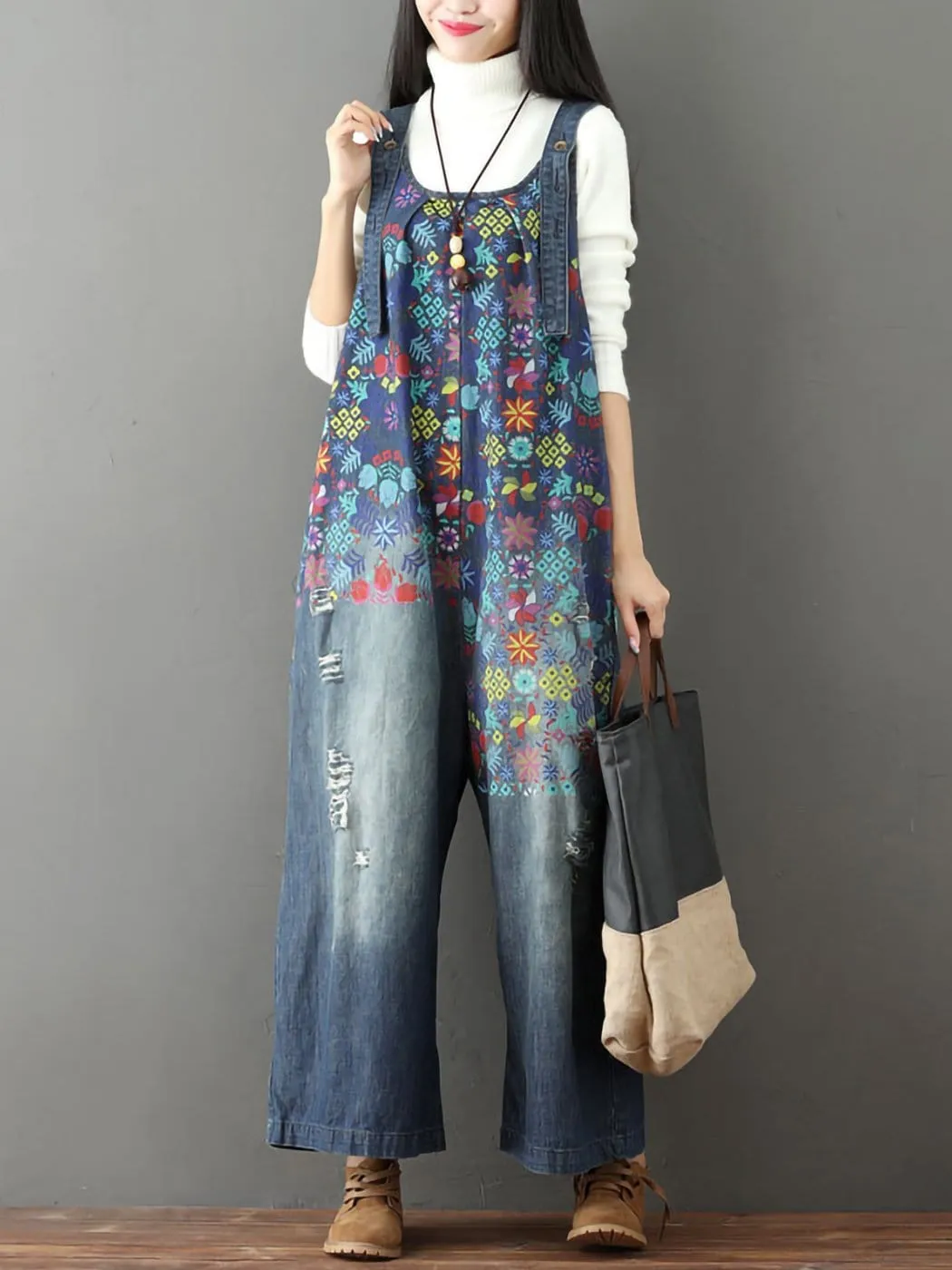 Loose Baggy Denim Wide Leg Print Distressed Jumpsuit Rompers Overalls