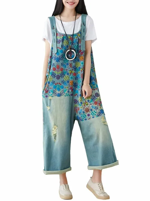 Loose Baggy Denim Wide Leg Print Distressed Jumpsuit Rompers Overalls