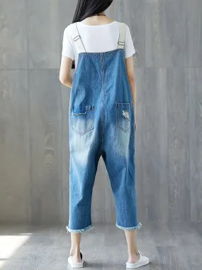 Loose Baggy Denim Wide Leg Print Distressed Jumpsuit Rompers Overalls