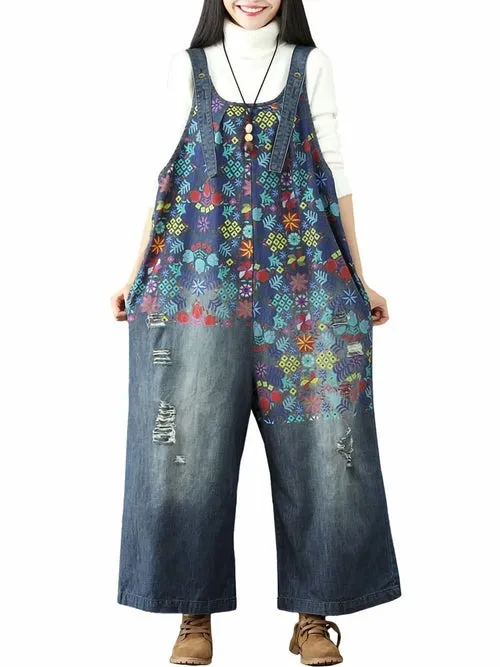 Loose Baggy Denim Wide Leg Print Distressed Jumpsuit Rompers Overalls