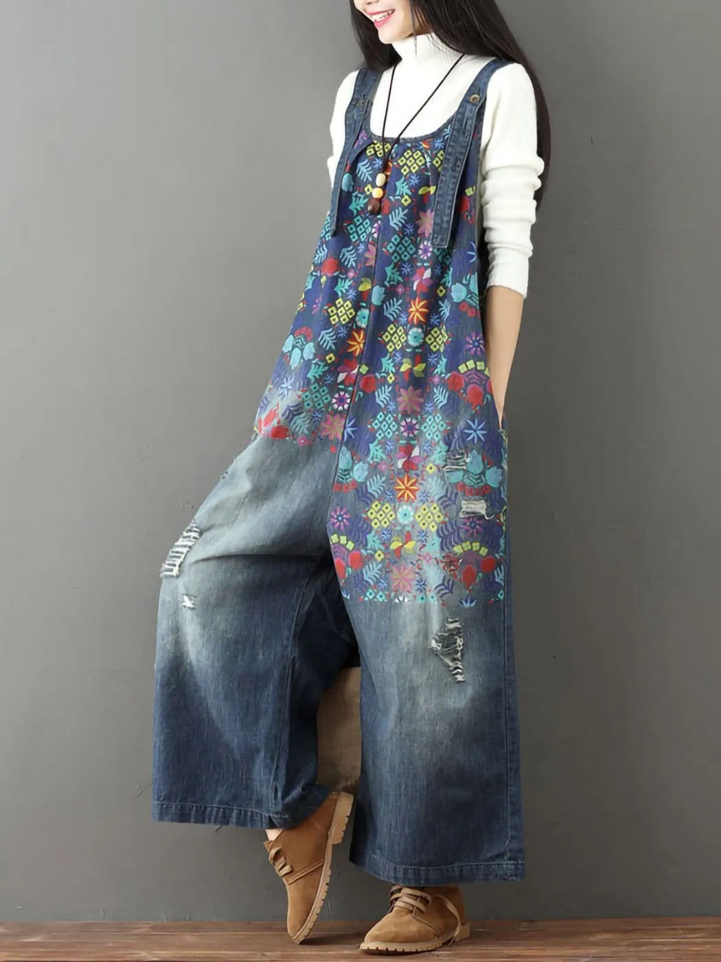 Loose Baggy Denim Wide Leg Print Distressed Jumpsuit Rompers Overalls