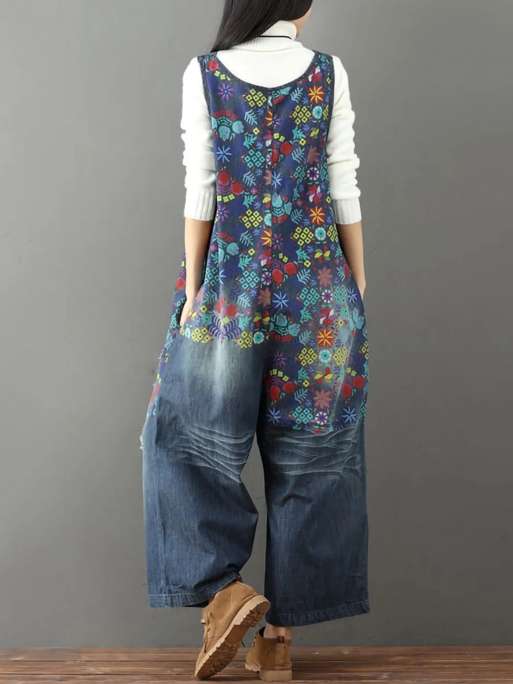 Loose Baggy Denim Wide Leg Print Distressed Jumpsuit Rompers Overalls