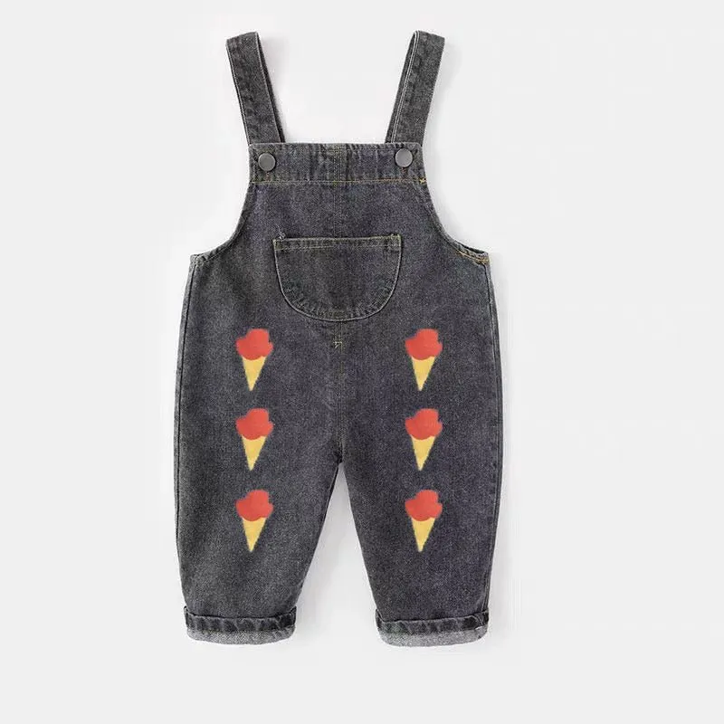 Loose Fit Kids Baggy Denim Overalls with Graphic Prints