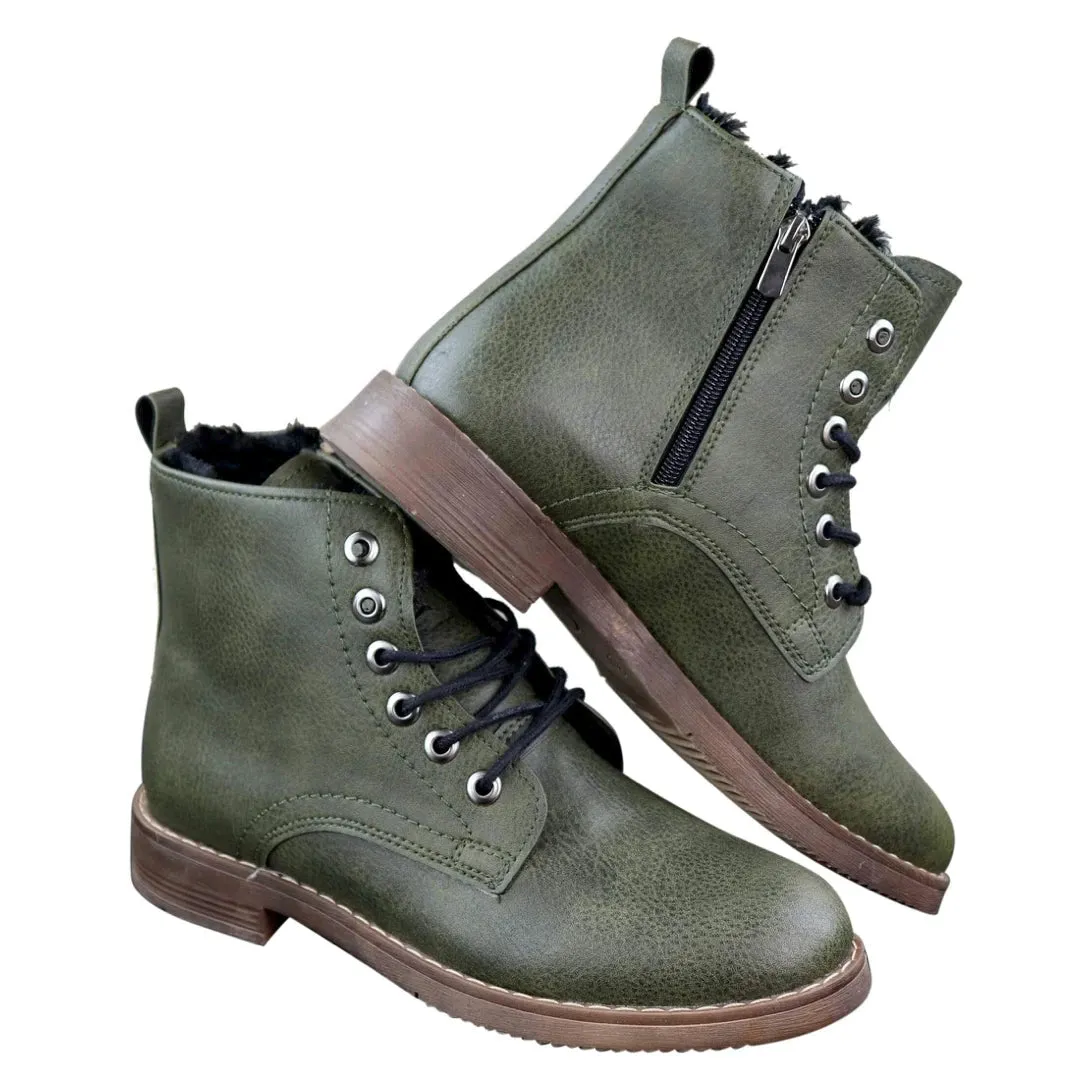 Mens Laced Zip Ankle Boots Fur Fleece Lined Warm Casual Hiking Combat Military