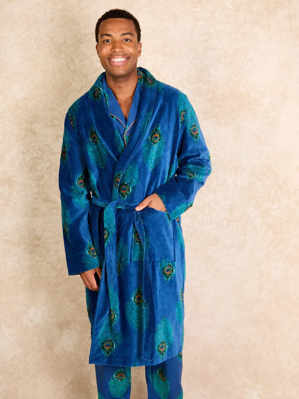 Mens Velvet Robe Navy Peacock Feather