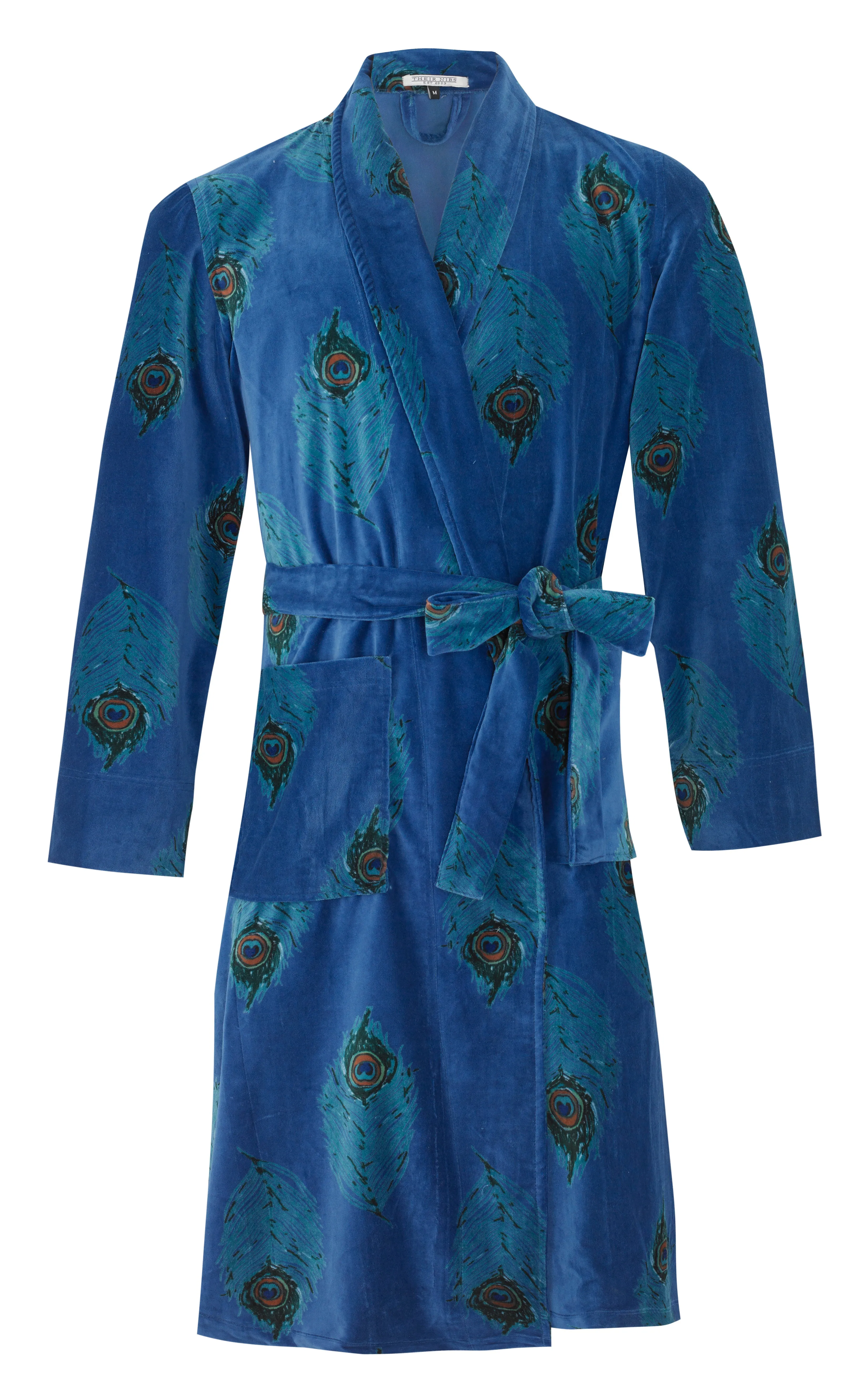 Mens Velvet Robe Navy Peacock Feather