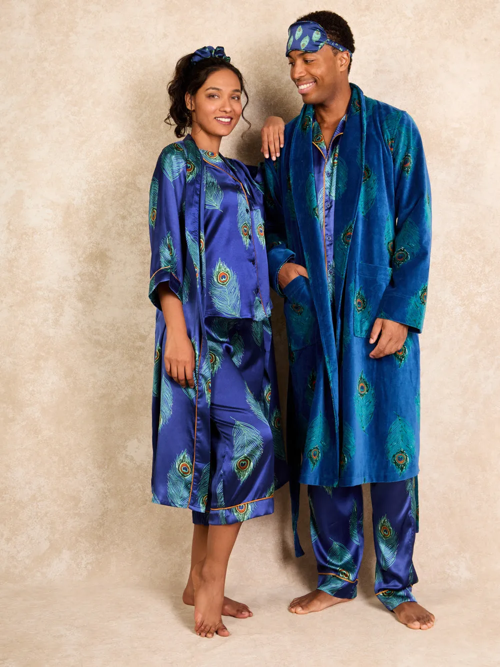 Mens Velvet Robe Navy Peacock Feather