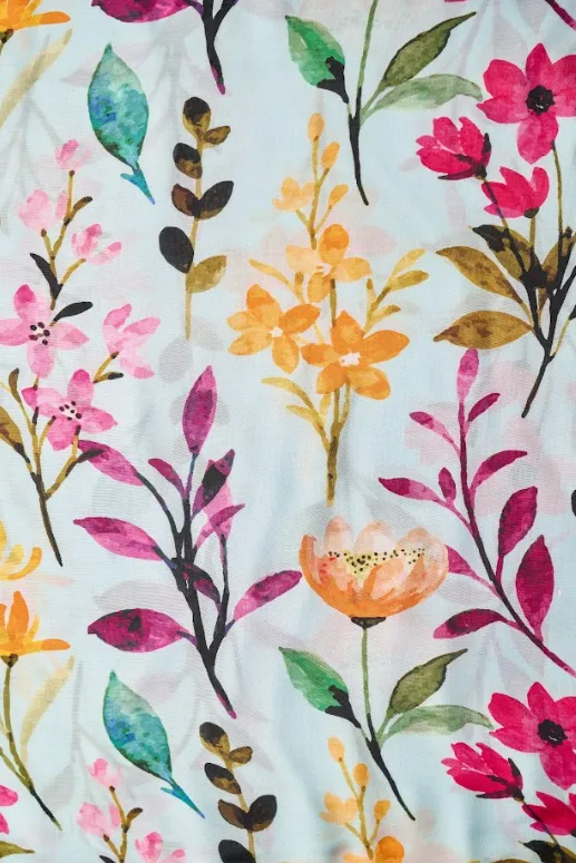 Multicolor Pink Yellow Floral Pattern Printed Natural Muslin Silk Fabric