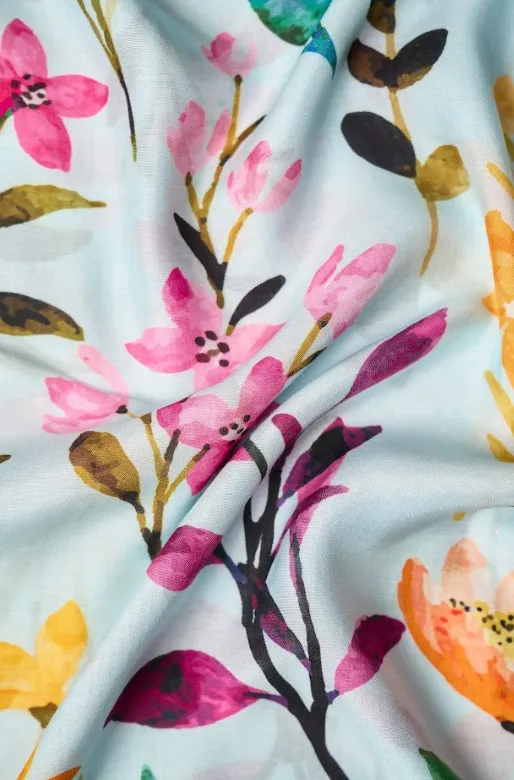 Multicolor Pink Yellow Floral Pattern Printed Natural Muslin Silk Fabric