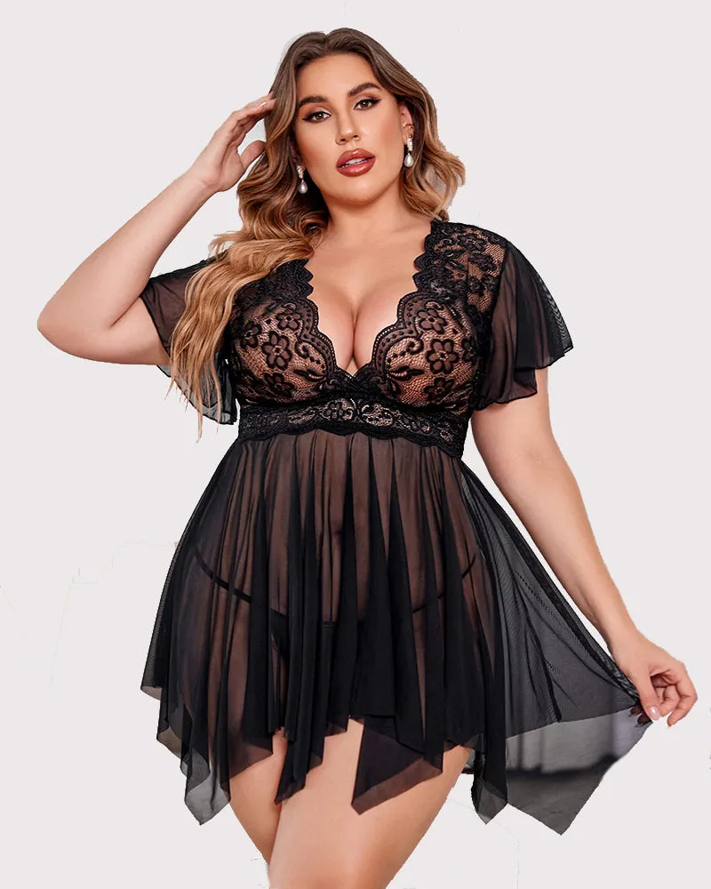 Plus Size Babydoll Floral Lace Lingeries