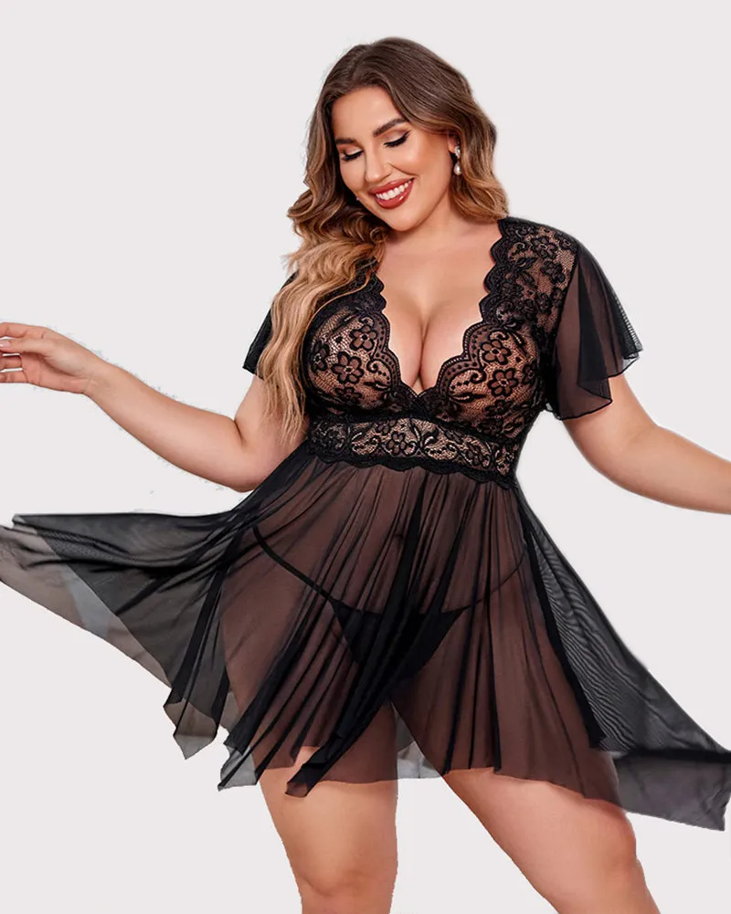 Plus Size Babydoll Floral Lace Lingeries