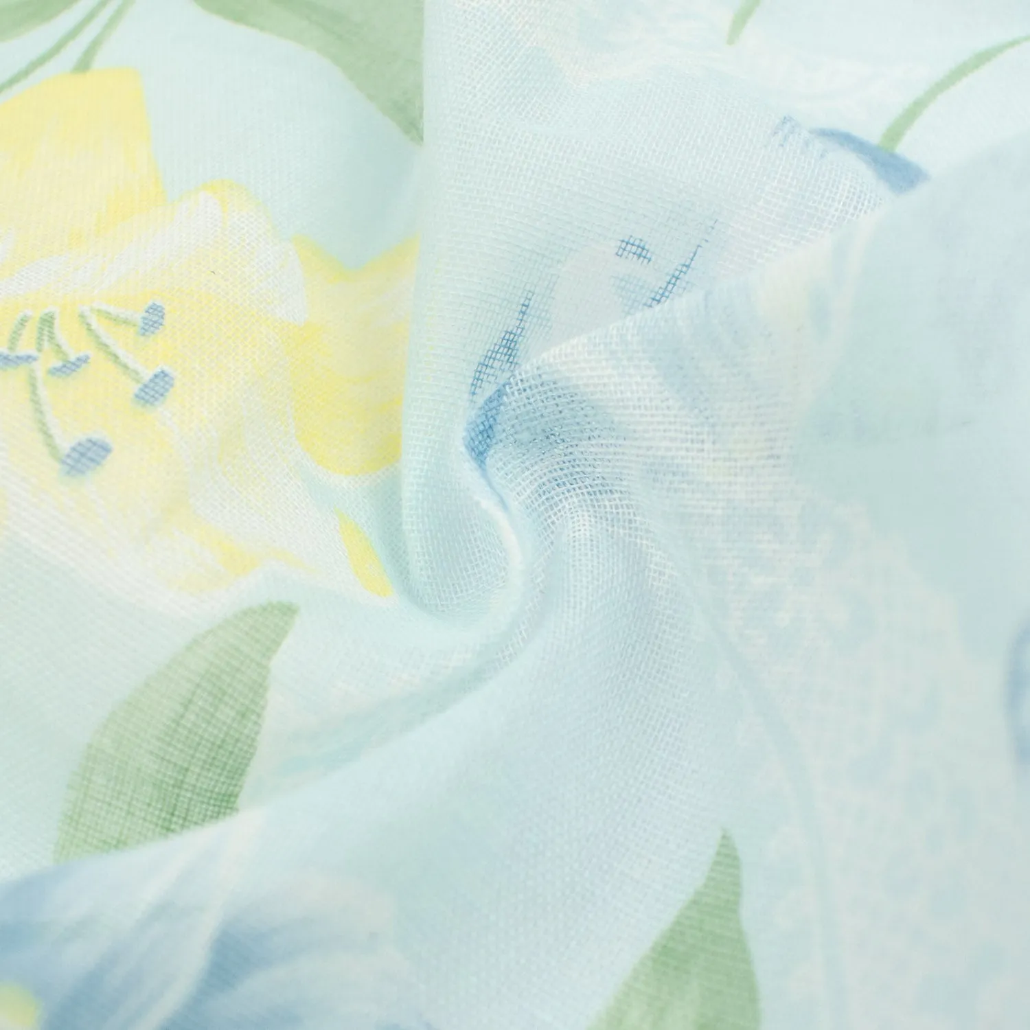 Printed Cotton Voile Design-59 Blue & Yellow Lily Flower on Light Blue