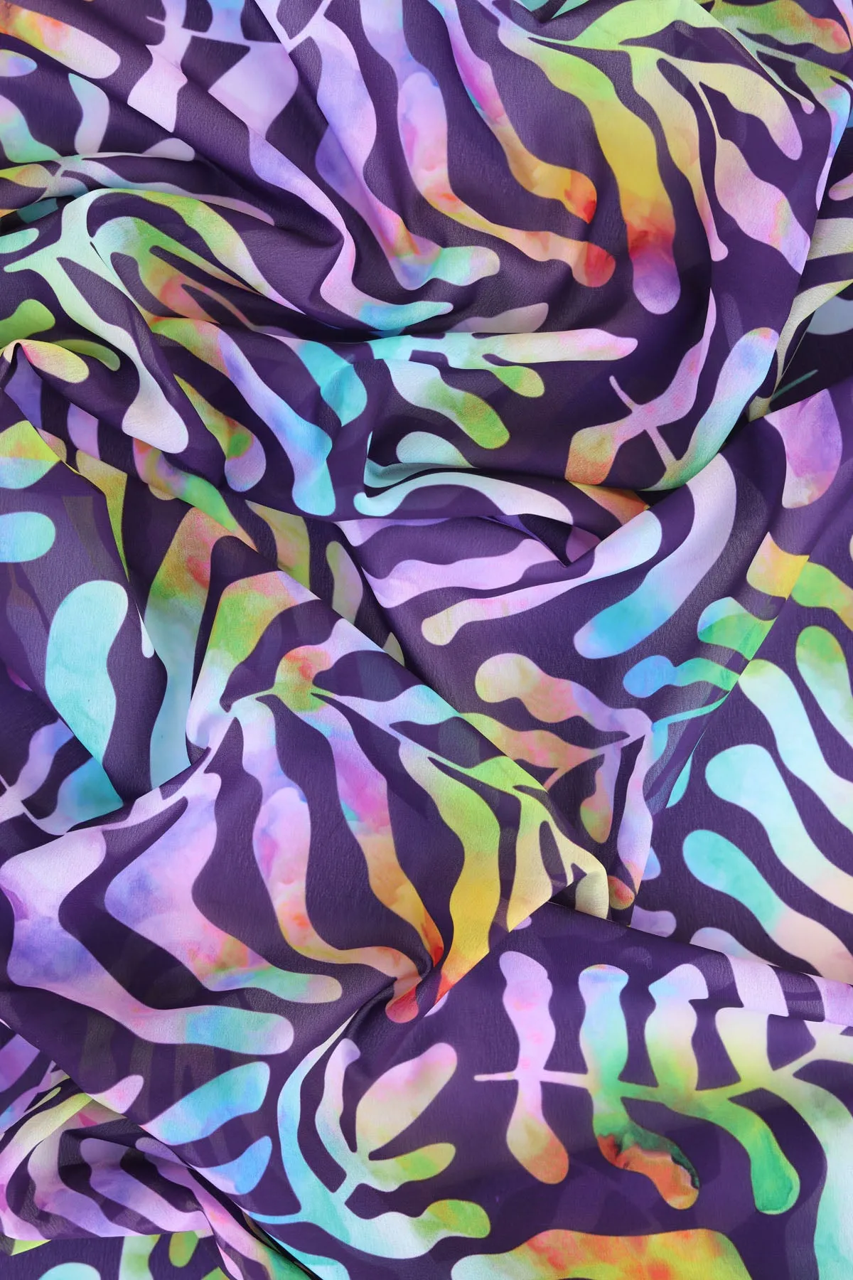 Purple Multicolor Abstract Leaf Pattern Printed Georgette Fabric