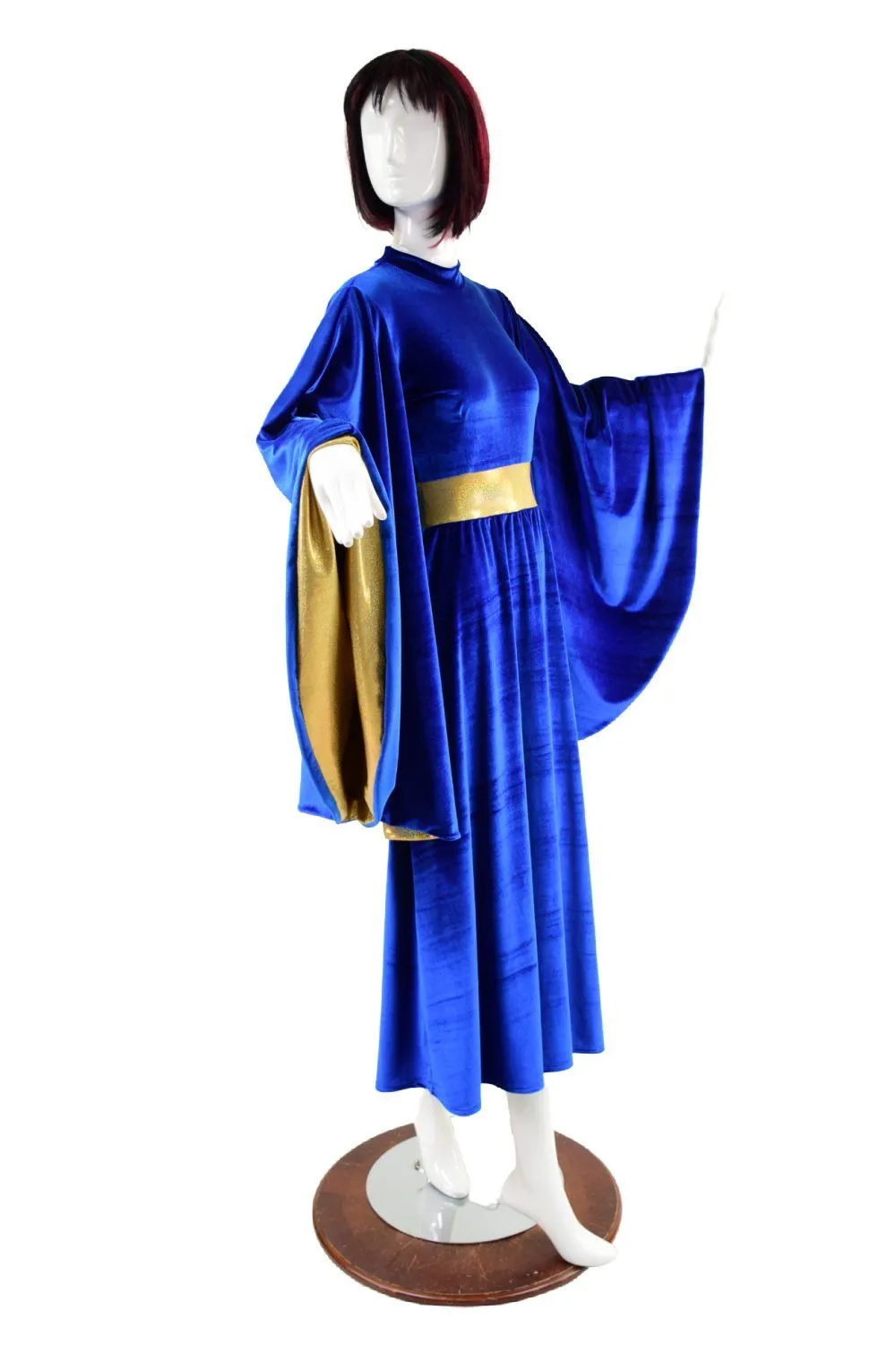 Sapphire Velvet and Gold Holographic Fan Sleeve Gown