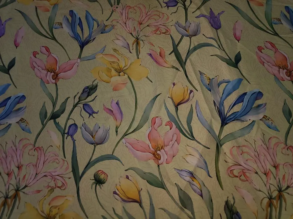 Satin fabric Floral print 54" wide available in three colors pink/yellow/green