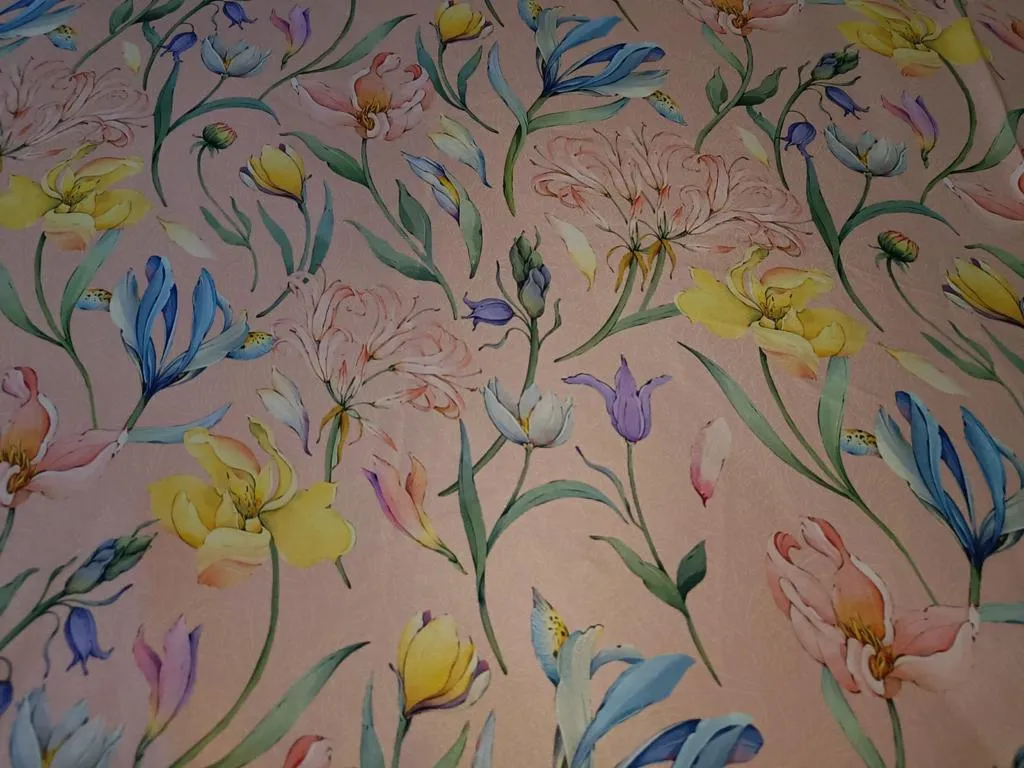 Satin fabric Floral print 54" wide available in three colors pink/yellow/green