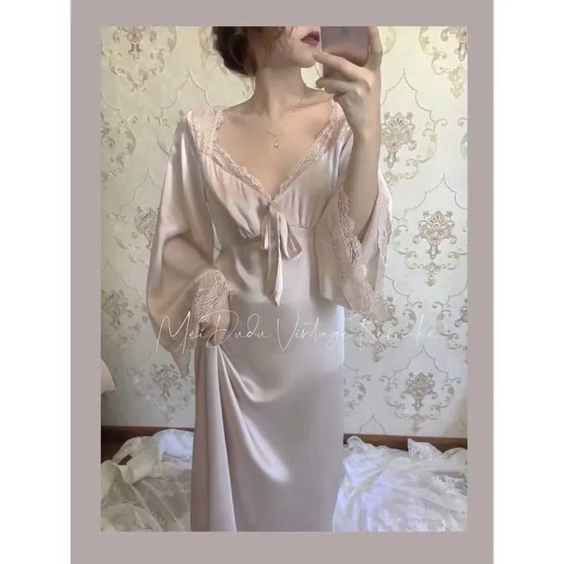 VenusFox Sexy Sleepwear Night Wear Summer 2021 Home Clothes for Women Ladies Nightgown Lace Long Nightdress Sleepshirt Satin Slip Dress