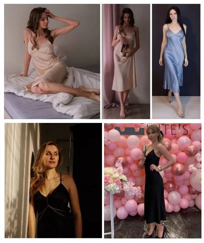 VenusFox Women Satin Deep V Neck Sexy Dress Solid Straight Pajamas Party Dress Elegant Female Summer Spaghetti Strap Dress Casual