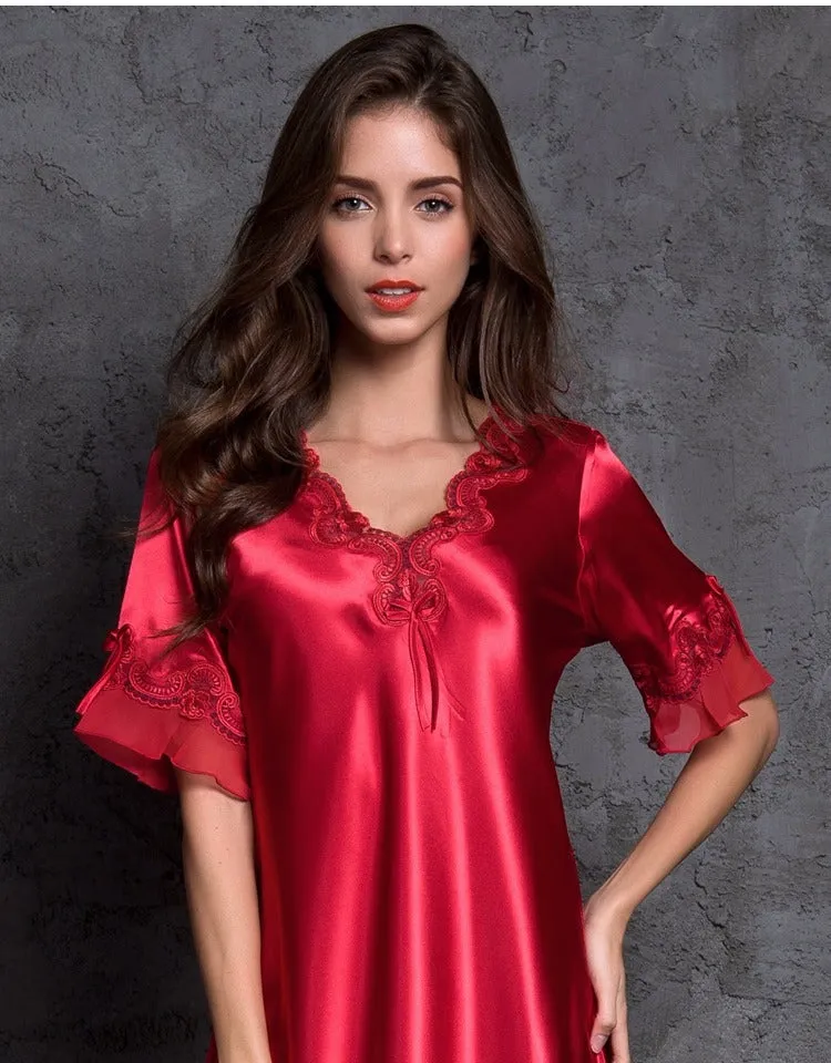 VenusFox Women's Silk Satin Sleepwear Lace Sexy Short Sleeve Nightdress Female Clothing Homewear Nightwear Transparent Nightgown Pajamas