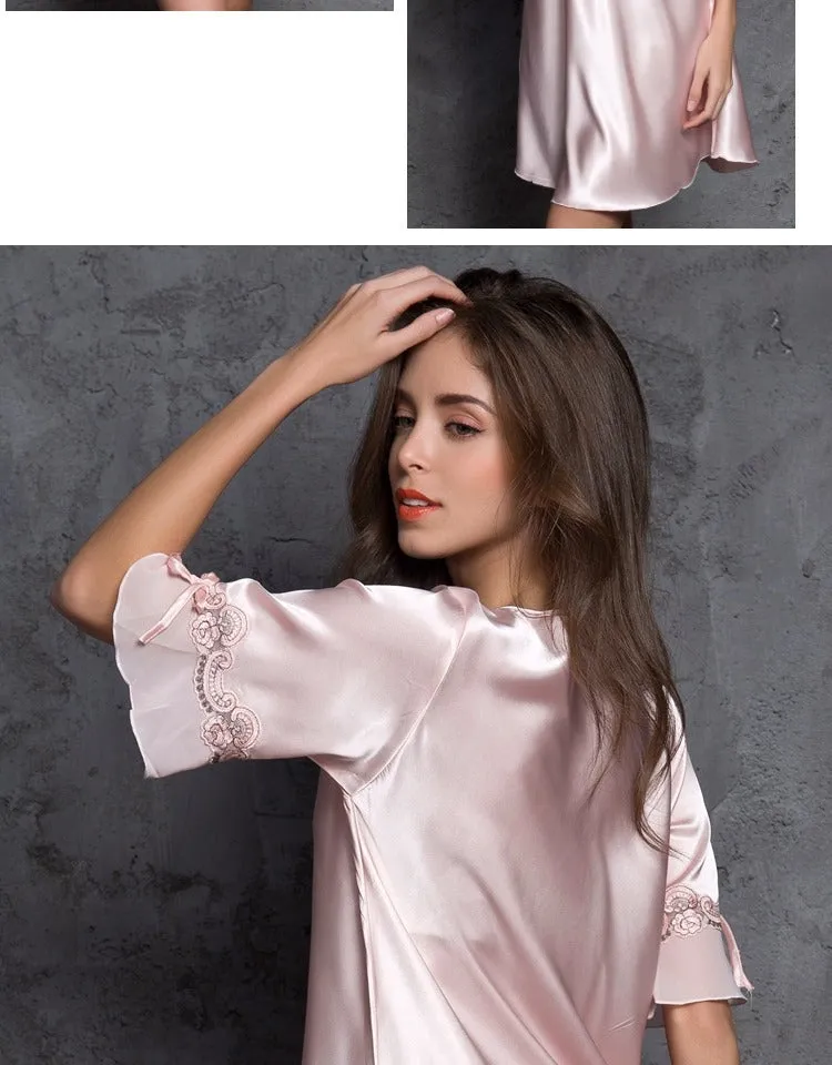 VenusFox Women's Silk Satin Sleepwear Lace Sexy Short Sleeve Nightdress Female Clothing Homewear Nightwear Transparent Nightgown Pajamas