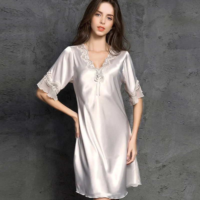 VenusFox Women's Silk Satin Sleepwear Lace Sexy Short Sleeve Nightdress Female Clothing Homewear Nightwear Transparent Nightgown Pajamas