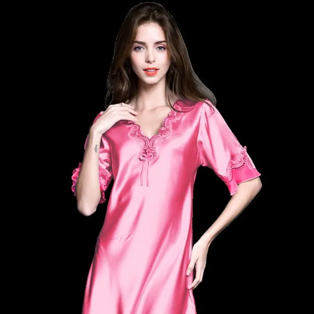 VenusFox Women's Silk Satin Sleepwear Lace Sexy Short Sleeve Nightdress Female Clothing Homewear Nightwear Transparent Nightgown Pajamas