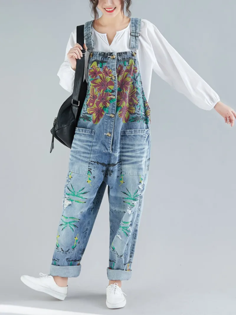 Women Breezy Summer Vibes Baggy Ripped Hole Overalls Dungarees