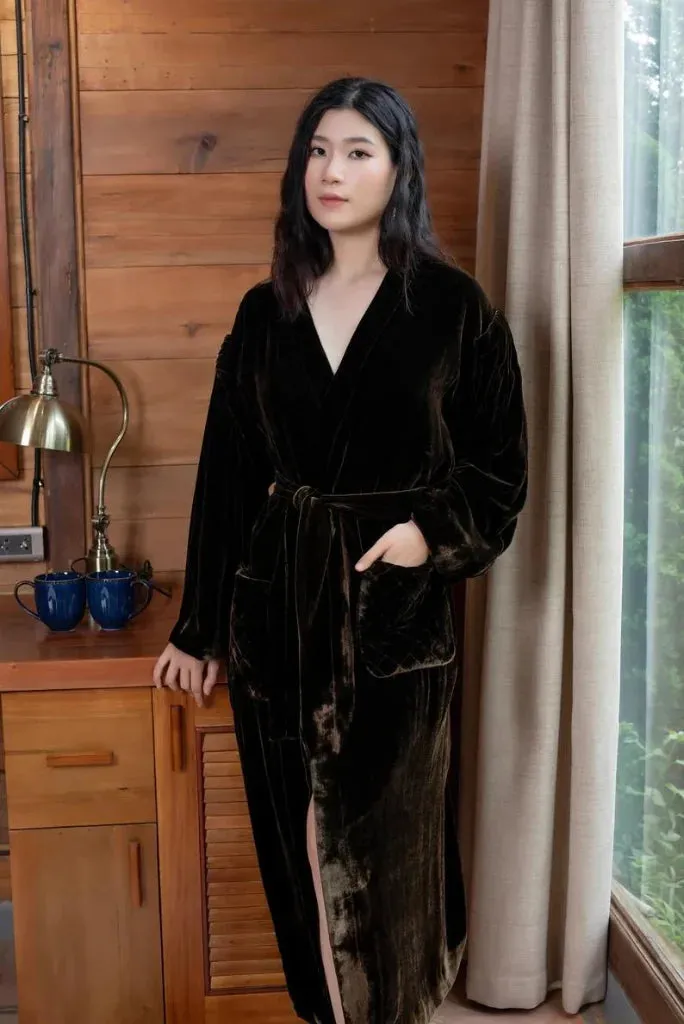 Women Dark Brown Velvet Robe, Elegant Velvet Robe for Bath and Bridal Party