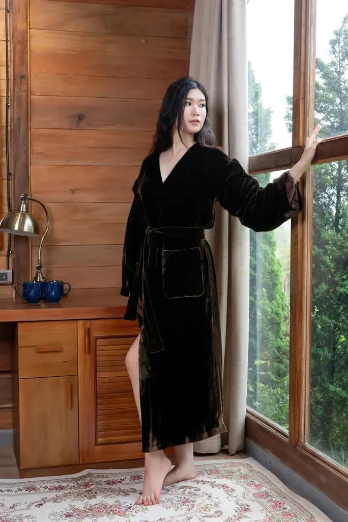 Women Dark Brown Velvet Robe, Elegant Velvet Robe for Bath and Bridal Party