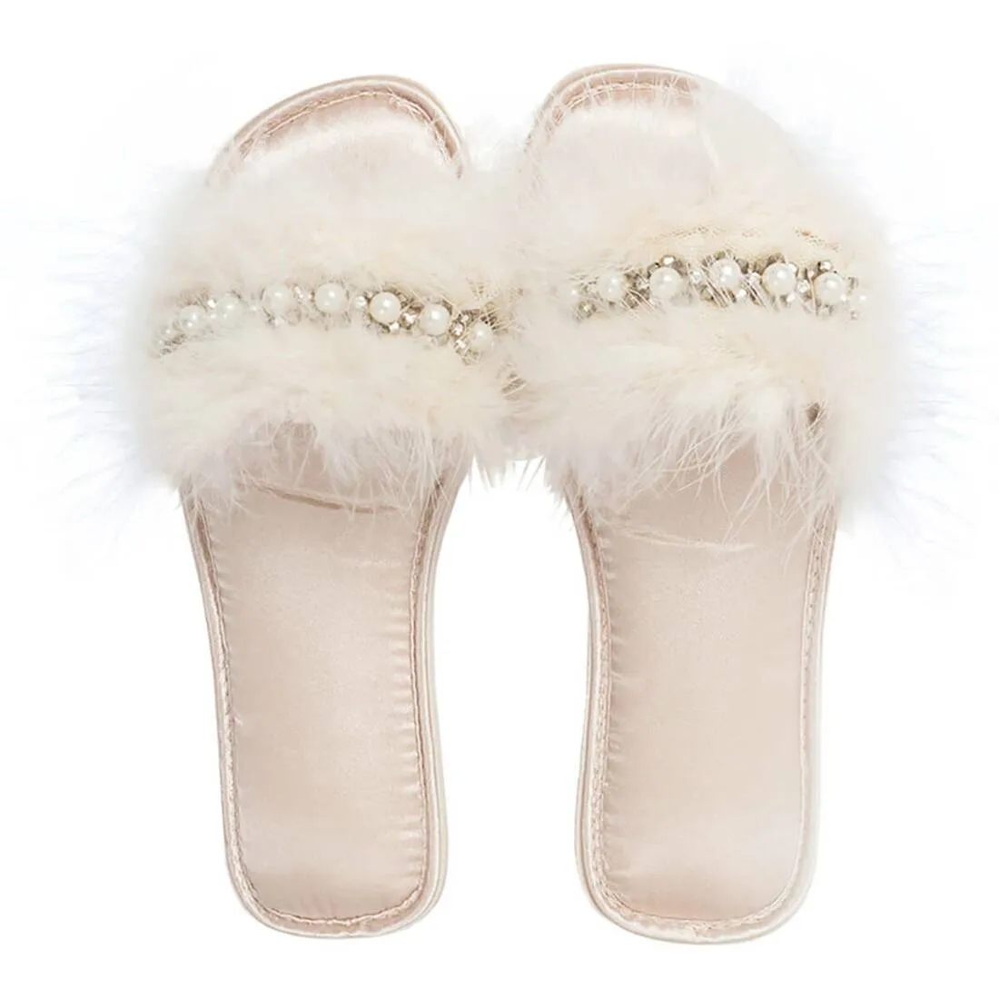 Womens Abbie Mule Slippers Faux Fur Pearls Diamante Open Toe