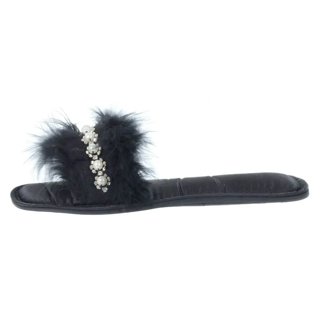 Womens Abbie Mule Slippers Faux Fur Pearls Diamante Open Toe