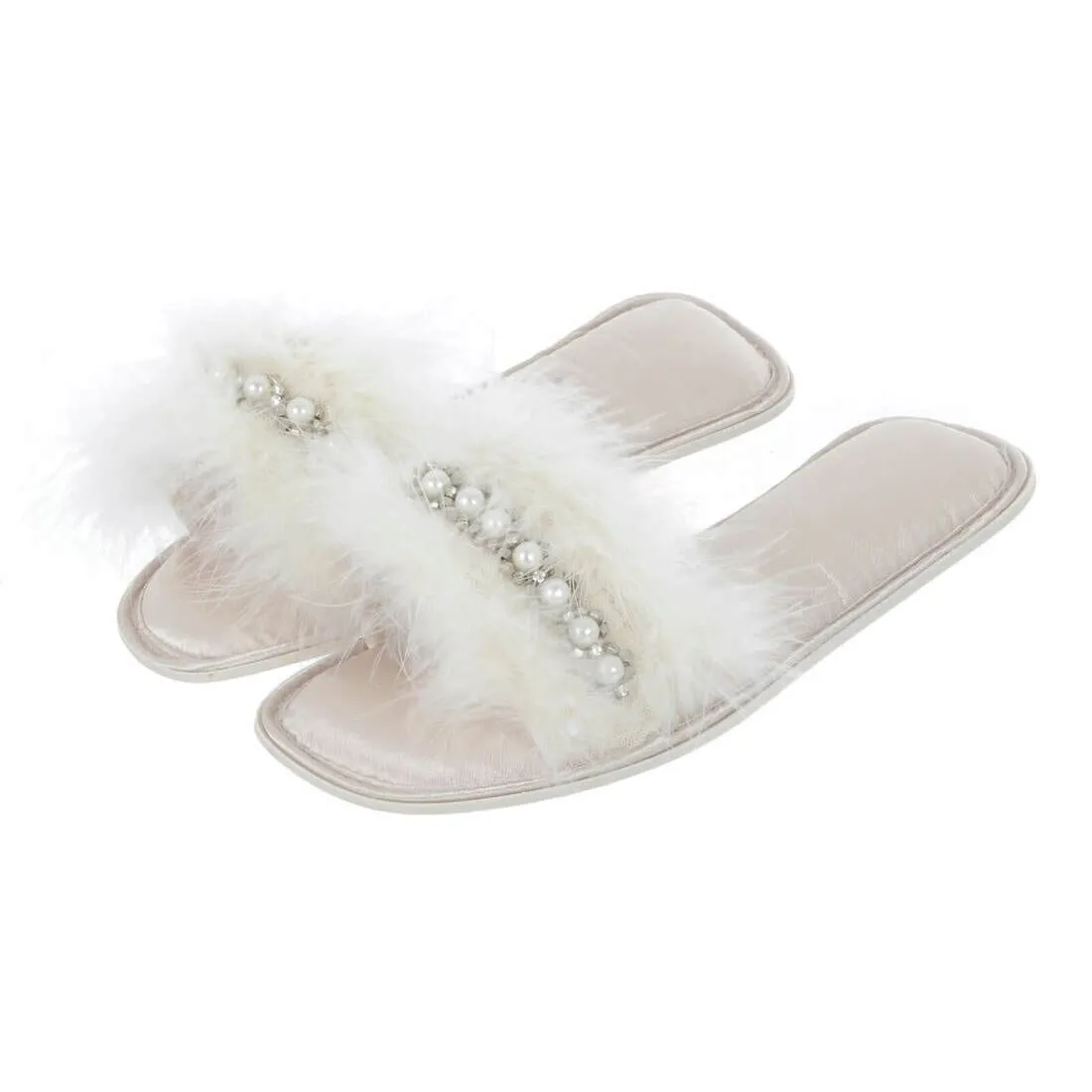 Womens Abbie Mule Slippers Faux Fur Pearls Diamante Open Toe