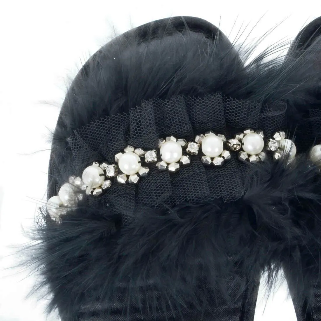 Womens Abbie Mule Slippers Faux Fur Pearls Diamante Open Toe