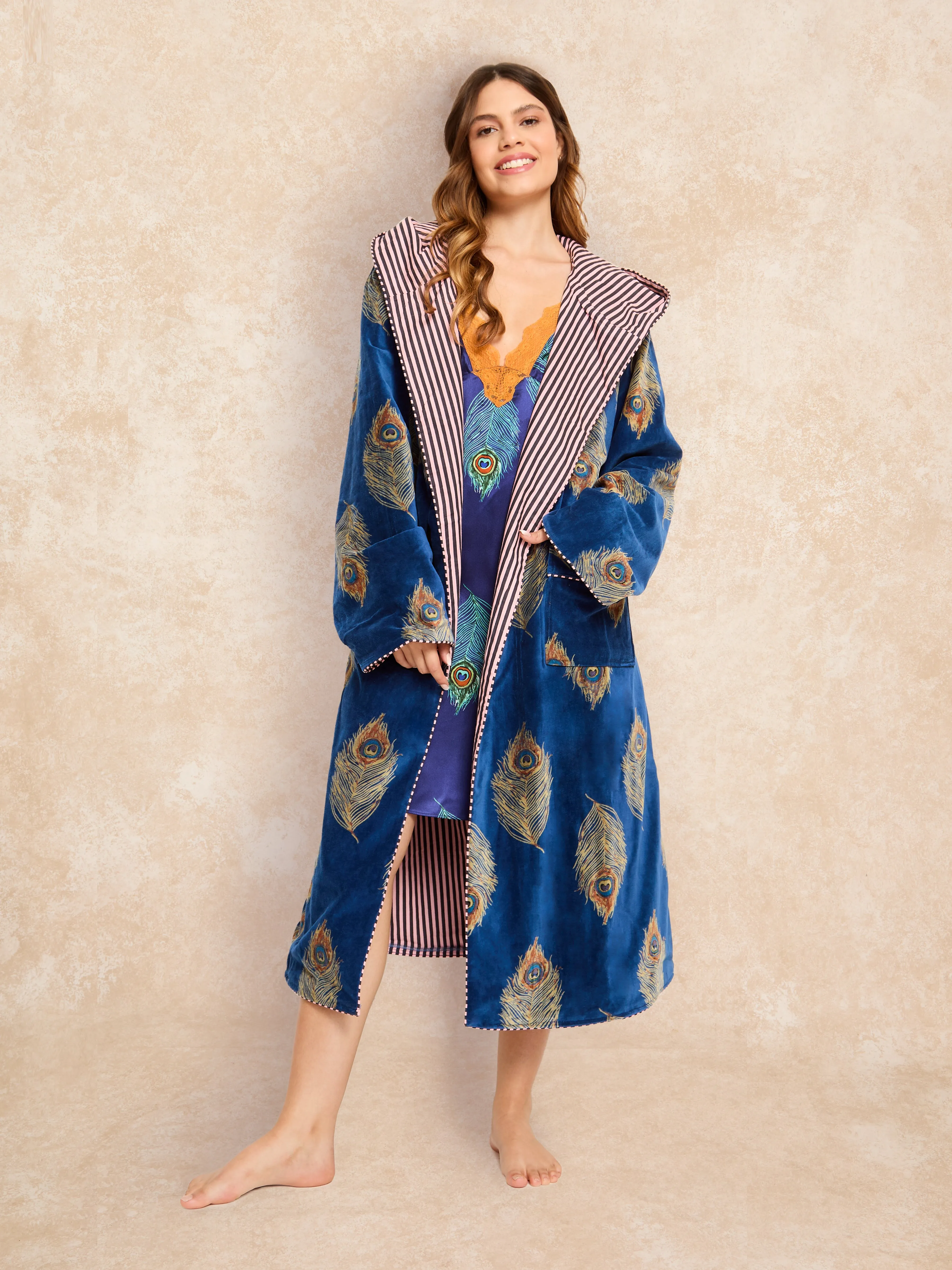 Womens Hooded Velvet Robe Navy Gold Peacock Feather