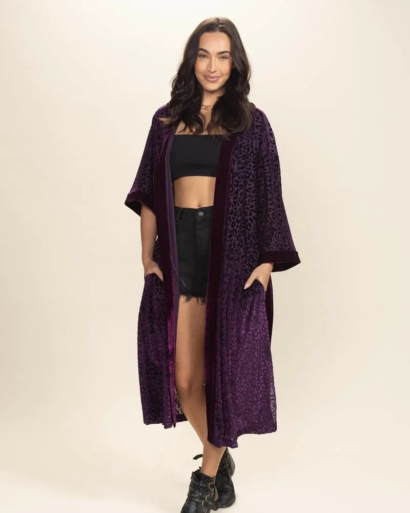 Women's Velvet Kimono | Purple Leopard