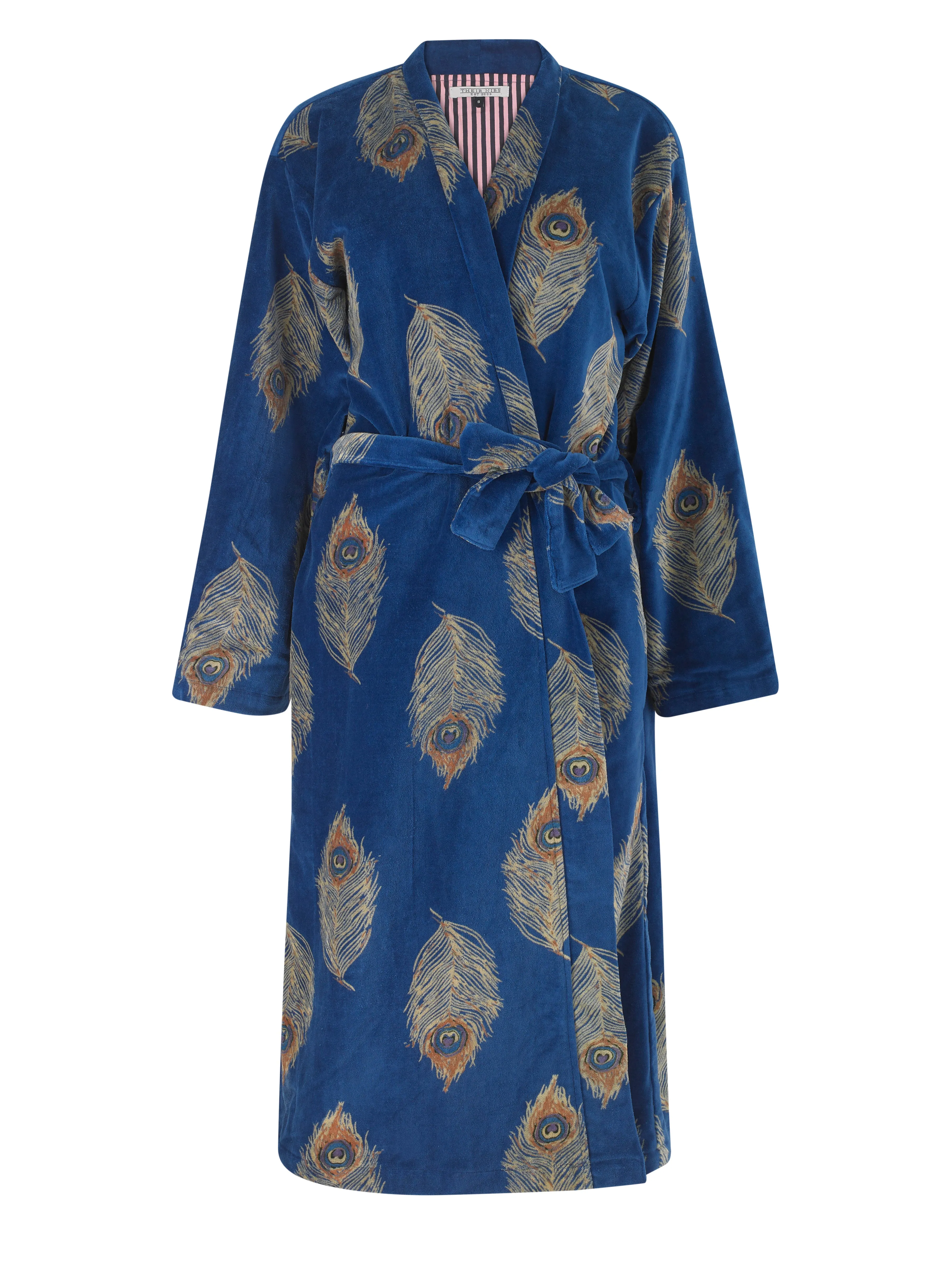 Womens Velvet Robe Navy Gold Peacock Feather