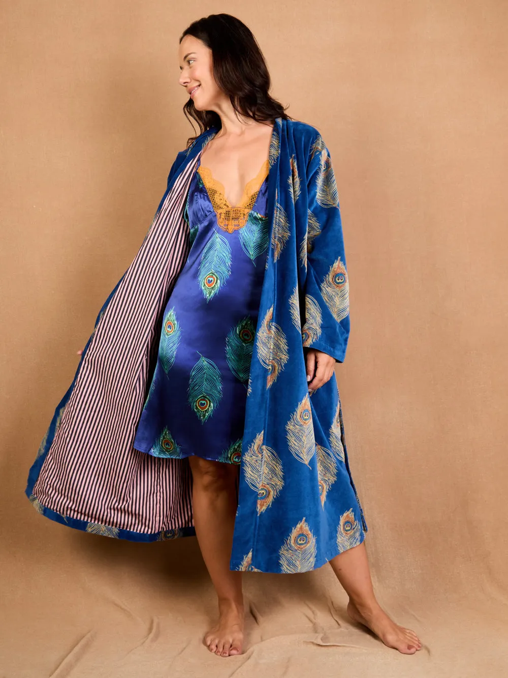 Womens Velvet Robe Navy Gold Peacock Feather