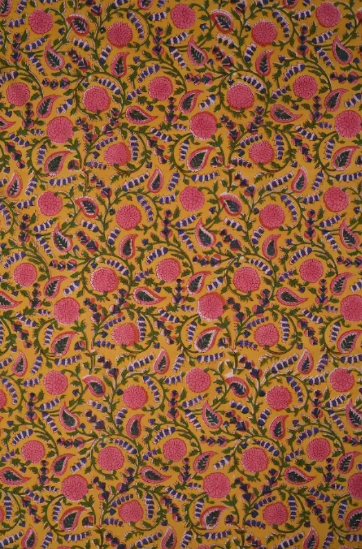 Yellow Pure Cotton Bagru Hand Block Printed Fabric